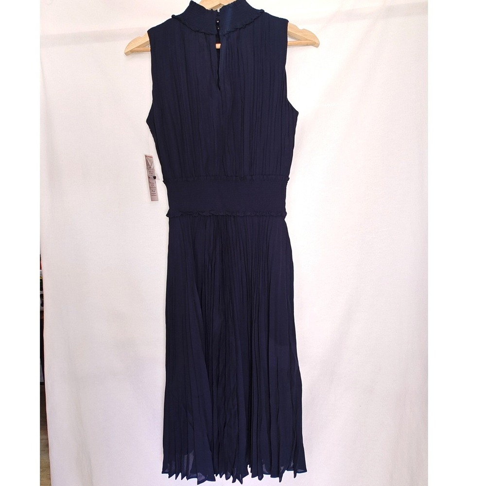 Nanette Lepore Midi Dress Mock Neck Sleeveless Accordion Pleat Navy Blue 4 new
